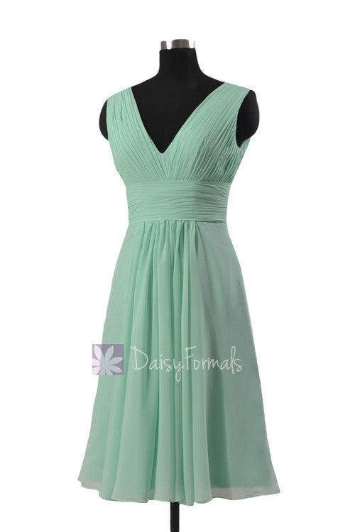 Short mint affordable bridesmaid dress w/ deep v-neck chiffon wedding party dress (bm1422a)