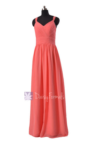 V-Neck Floor Length Chiffon Bridesmaid Dress Light Coral Formal Dress(BM14235)