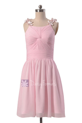 Adorable Pink Chiffon Junior Bridesmaid Dress Knee Length Junior Dress W/Floral Straps(BM1437)