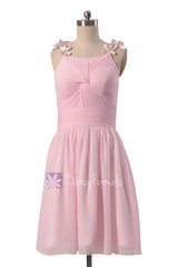 Adorable pink chiffon junior bridesmaid dress knee length junior dress w/floral straps(bm1437)