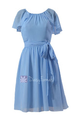 Beautiful cornflower chiffon bridesmaid dress short formal dress w/flutter sleeves(bm1462)
