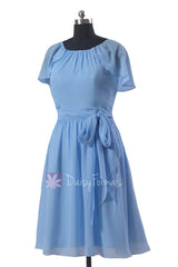 Beautiful cornflower chiffon bridesmaid dress short formal dresses w/flutter sleeves(bm1462)