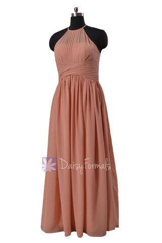 Long Pleated Evening Dress  Dark Quartz Chiffon Formal Dress W/Illusion Neckline(BM1531A)