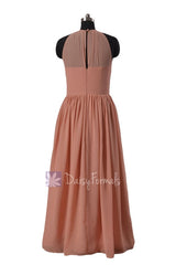 Long Pleated Evening Dress  Dark Quartz Chiffon Formal Dress W/Illusion Neckline(BM1531A)