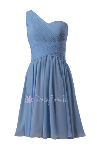 Cornflower Chiffon Dress One-Shoulder Bridesmaid Dress Short Bridal Party Dress(BM181)