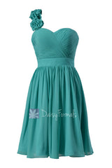 Cyan knee length unique bridesmaid dress chiffon one shoulder homecoming dress(bm102)