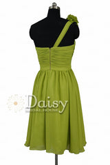 Short Bright Olive Chiffon Dress One-Shoulder Bridesmaid Dress W/Fabric Flowers(BM223)