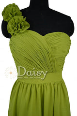 Short bright olive chiffon dress one-shoulder cheap bridesmaid dresses w/fabric flowers(bm223)