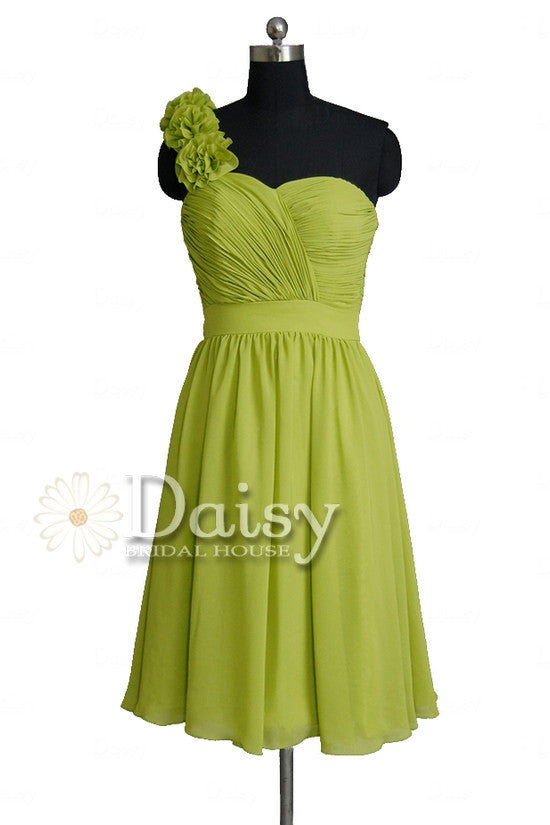 Short bright olive chiffon dress one-shoulder cheap bridesmaid dress w/fabric flowers(bm223)