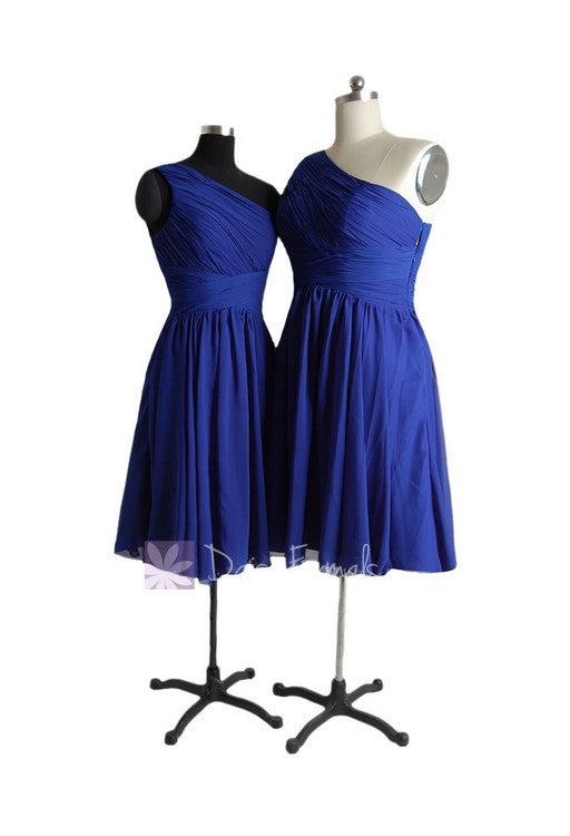 Short pleated one shoulder chiffon party dress affordable blue short bridesmaids dress (bm351)