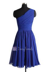 Short Pleated One Shoulder Chiffon Party Dress Blue Short Bridesmaids Dress (BM351)