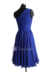 Short pleated one shoulder chiffon party dress affordable blue short bridesmaids dresses (bm351)