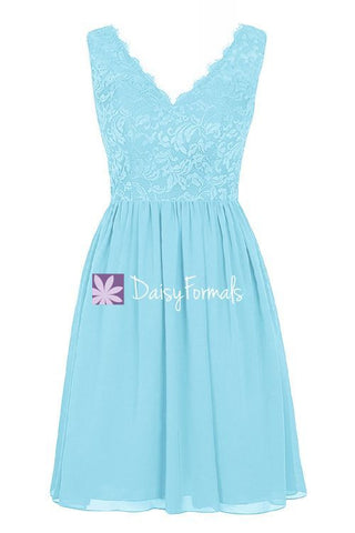 Sky Blue V-neckline Dress Women Lace Dress Bridesmaids Dress Short Prom Dress (BM2342)