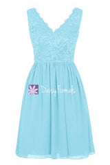 Sky Blue V-neckline Dress Women Lace Dress Bridesmaids Dress Short Prom Dress (BM2342)