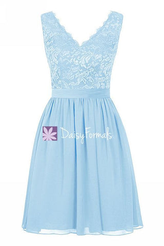 Ice Blue Party Dress w/Lace Straps Lace V-neckline Bridesmaids Dress (BM2343)