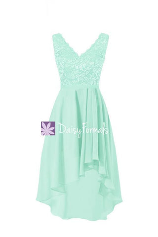 Mint High Low Lace Party Dress V-neckline Lace Bridesmaids Dress Formal Dress (BM2344)