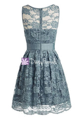 Illusion Scoop Neckline Bridesmaids Dress Knee Length Lace Party Dress (BM2347)