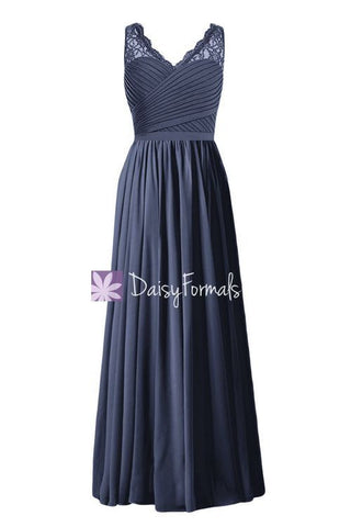 Navy V-Neckline Bridesmaids Dress Long A-line Long Lady Formal Dress (BM2348L)