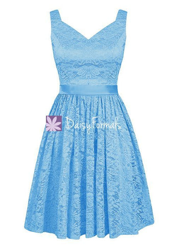 V neckline Party Gown Sea Blue Lace Bridesmaids Dress Short Knee Length Lace Gown (BM2352)