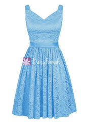 V neckline Party Gown Sea Blue Lace Bridesmaids Dress Short Knee Length Lace Gown (BM2352)