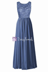 Prussian Blue Lace Cocktail Dress Scoop Neckline Bridal Party Long Formal Dress (BM2354L)