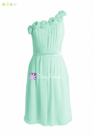 Mint Green Floral Party Dress One-Shoulder Cocktail Bridesmaids Dress Chiffon Dress (BM239S)