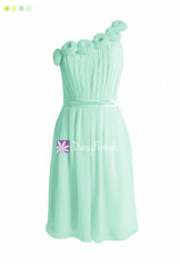 Mint green floral party dress one-shoulder simple cocktail bridesmaids dress chiffon dress (bm239s)