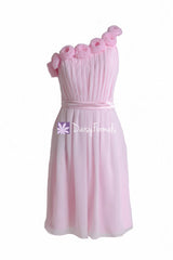 Floral one shoulder cocktail bridesmaids dress ice pink wedding party dress (bm239)
