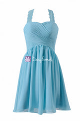 Gracious Sea Blue Party Dress Knee Length Bridesmaids Dress w/Lace Straps (BM2399)