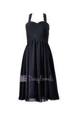 Short midnight chiffon bridal party dress dark navy chiffon dresses w/lace straps (bm2399)