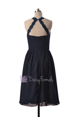 Short Midnight Chiffon Bridal Party Dress Dark Navy Chiffon Dress W/Lace Straps (BM2399)
