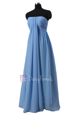 Long strapless chiffon bridesmaid dress cornflower pleated party dress (bm2404)
