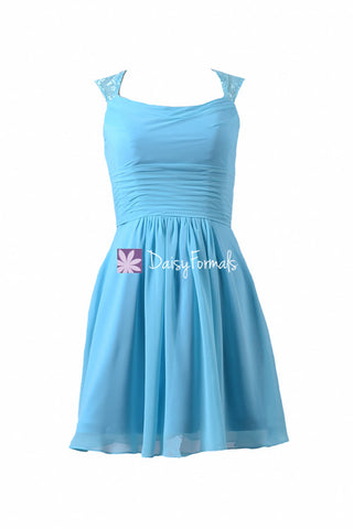 Sea Blue Short Chiffon Bridal Party Dress Scoop Neckline Beach Wedding Dress (BM241)