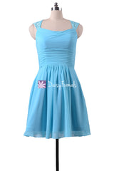 Sea blue short chiffon bridal party dress scoop neckline beach wedding party dresses (bm241)