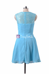 Sea Blue Short Chiffon Bridal Party Dress Scoop Neckline Beach Wedding Dress (BM241)