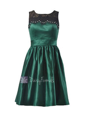 Knee length beaded satin bridal party dress rich peacock lace formal dress(bm2422atc)