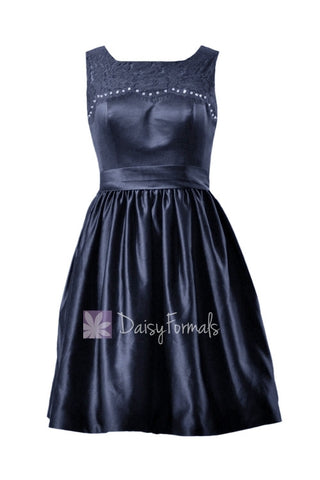 Knee Length Beaded Satin Bridal Party Dress Rich Peacock Lace Formal Dress(BM2422A)