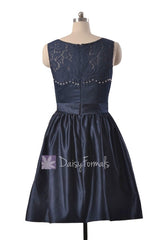Knee length beaded satin bridal party dress rich peacock lace formal dresses(bm2422a)