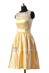 Yellow satin bridesmaid dress short beaded lace formal dresses w/illusion neckline(bm2422a)