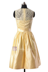 Yellow Satin Bridesmaid Dress Short Beaded Lace Formal Dress W/Illusion Neckline(BM2422A)