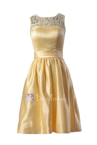 Yellow Satin Bridesmaid Dress Short Beaded Lace Formal Dress W/Illusion Neckline(BM2422A)