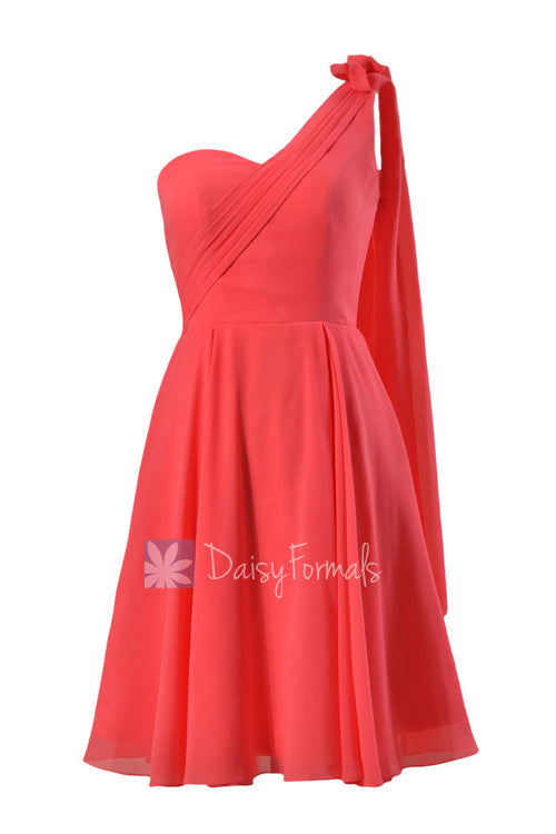 Asymmetrical one shoulder chiffon bridesmaid dress short coral red dress for beach wedding (bm2423)