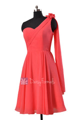 Asymmetrical one shoulder chiffon bridesmaid dress short coral red dresses for beach wedding (bm2423)