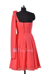 Asymmetrical One Shoulder Chiffon Bridesmaid Dress Short Coral Red Dress for Beach wedding (BM2423)