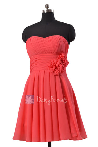 Short Cherry Chiffon Dress for Beach Wedding Red Strapless Bridesmaid Dress (BM2424)