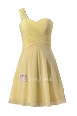 Light yellow chiffon one shoulder chiffon dress mini skirt unique bridesmaid dresses (bm2430rn)