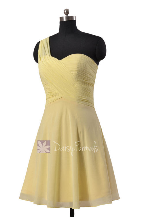 Light yellow chiffon one shoulder chiffon dress mini skirt unique bridesmaid dress (bm2430rn)