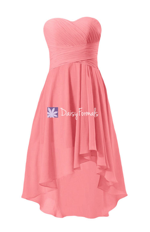 Coral strapless party dress sweetheart chiffon dress high low affordable bridesmaid dress (bm2431)