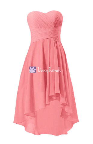 Coral Strapless Party Dress Sweetheart Chiffon Dress High Low Bridesmaid Dress (BM2431)