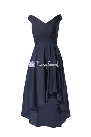 Off-shoulder Bridesmaids Dress Navy High-Low Party Dress Graduation Dress (BM2432)